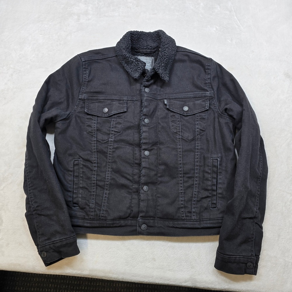 Levi Denim Sherpa Trucker‎ Jacket Women Large Black Jeans - Picture 2 of 15